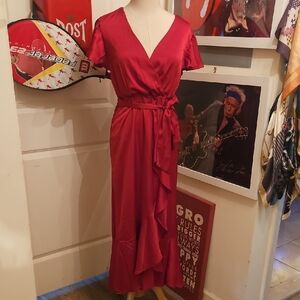 Nicole Miller Red Wrap-Front Maxi Dress with Ruffled Skirt